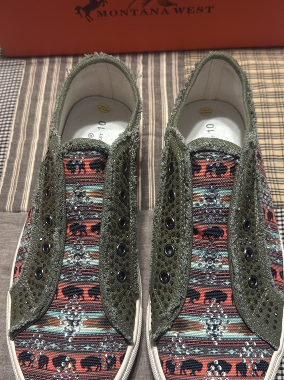 Montana West Olive and Coral Aztec Buffalo Slip-On Sneakers - Women's
